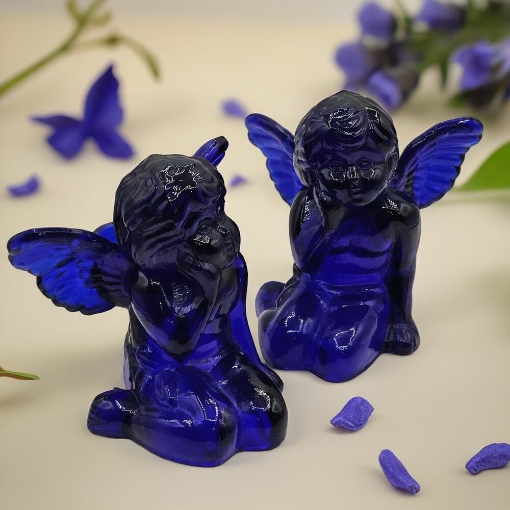 Vintage Cobalt Blue Glass Angel Candlestick Holders Angel on Knees Figurines